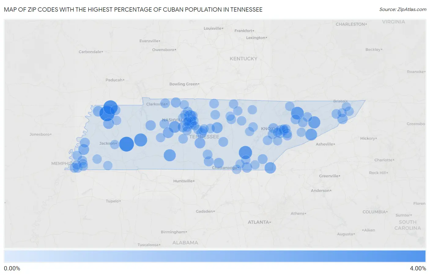 Zip Codes with the Highest Percentage of Cuban Population in Tennessee Map