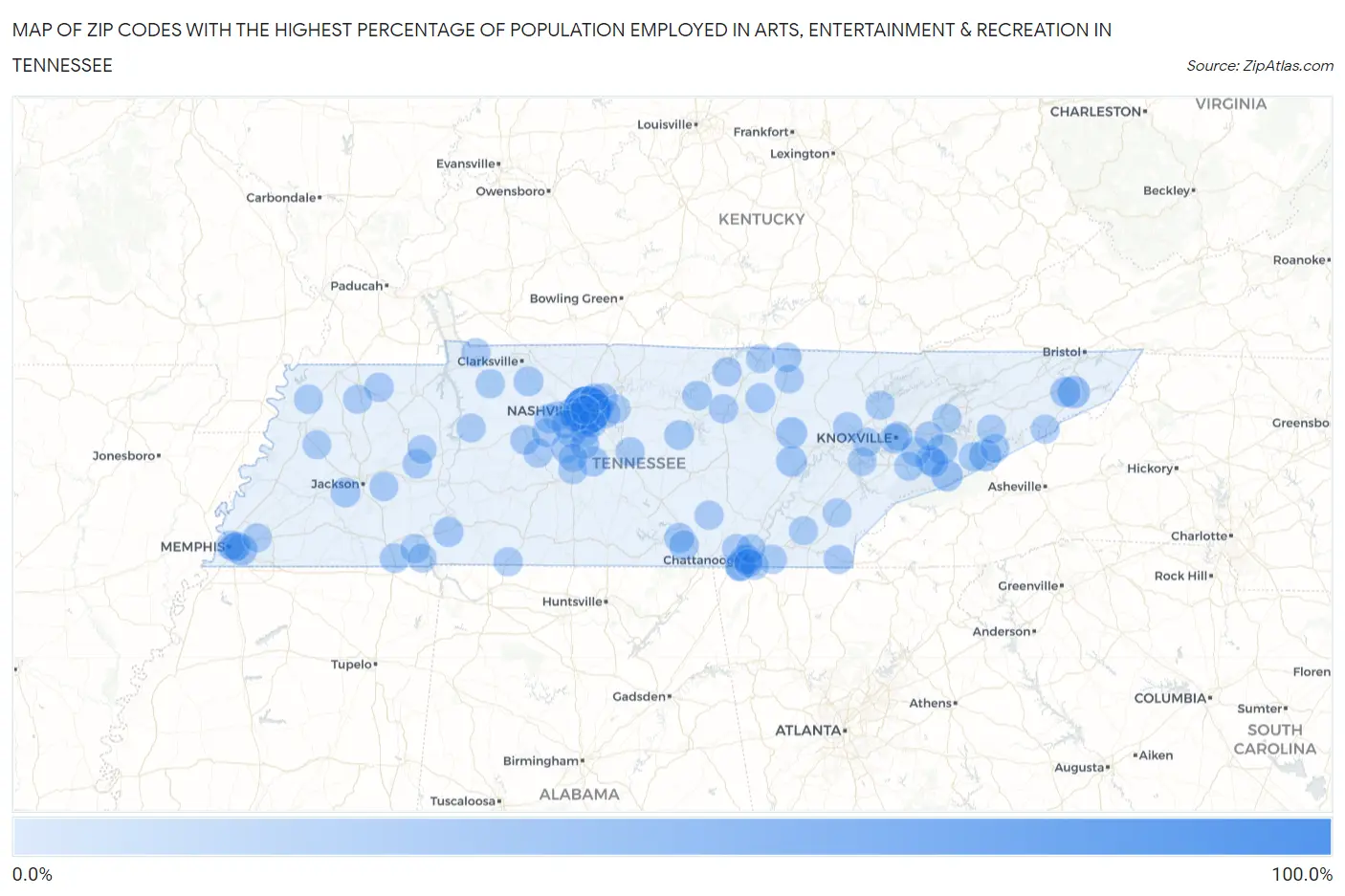 Zip Codes with the Highest Percentage of Population Employed in Arts, Entertainment & Recreation in Tennessee Map