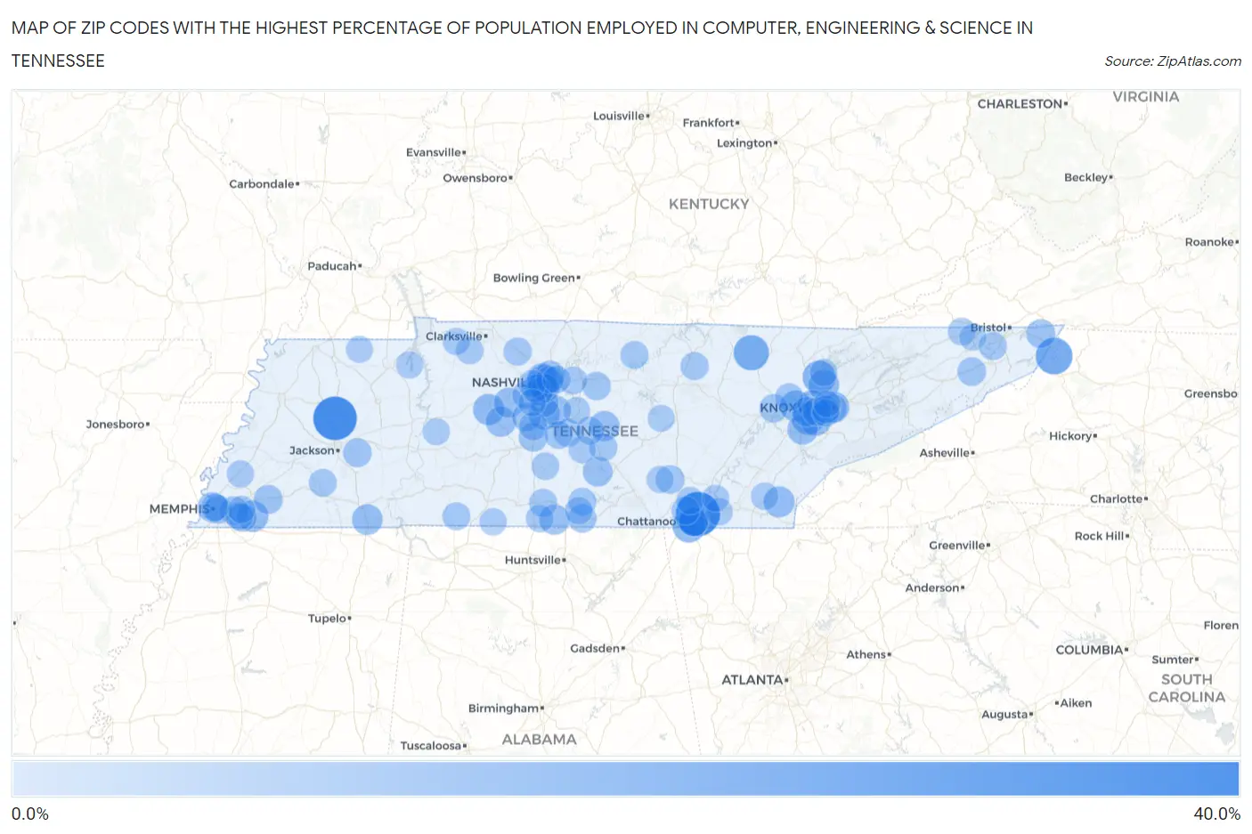 Zip Codes with the Highest Percentage of Population Employed in Computer, Engineering & Science in Tennessee Map