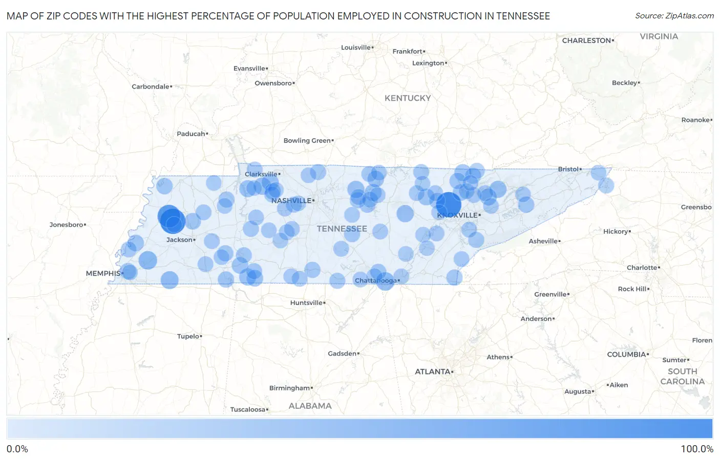 Zip Codes with the Highest Percentage of Population Employed in Construction in Tennessee Map