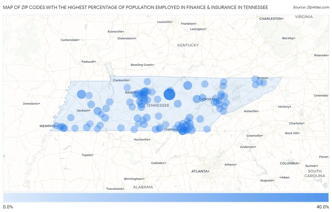 Zip Codes with the Highest Percentage of Population Employed in Finance & Insurance in Tennessee Map