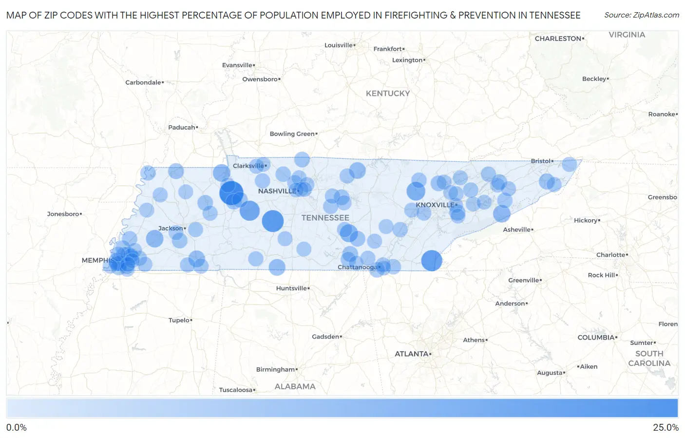 Zip Codes with the Highest Percentage of Population Employed in Firefighting & Prevention in Tennessee Map