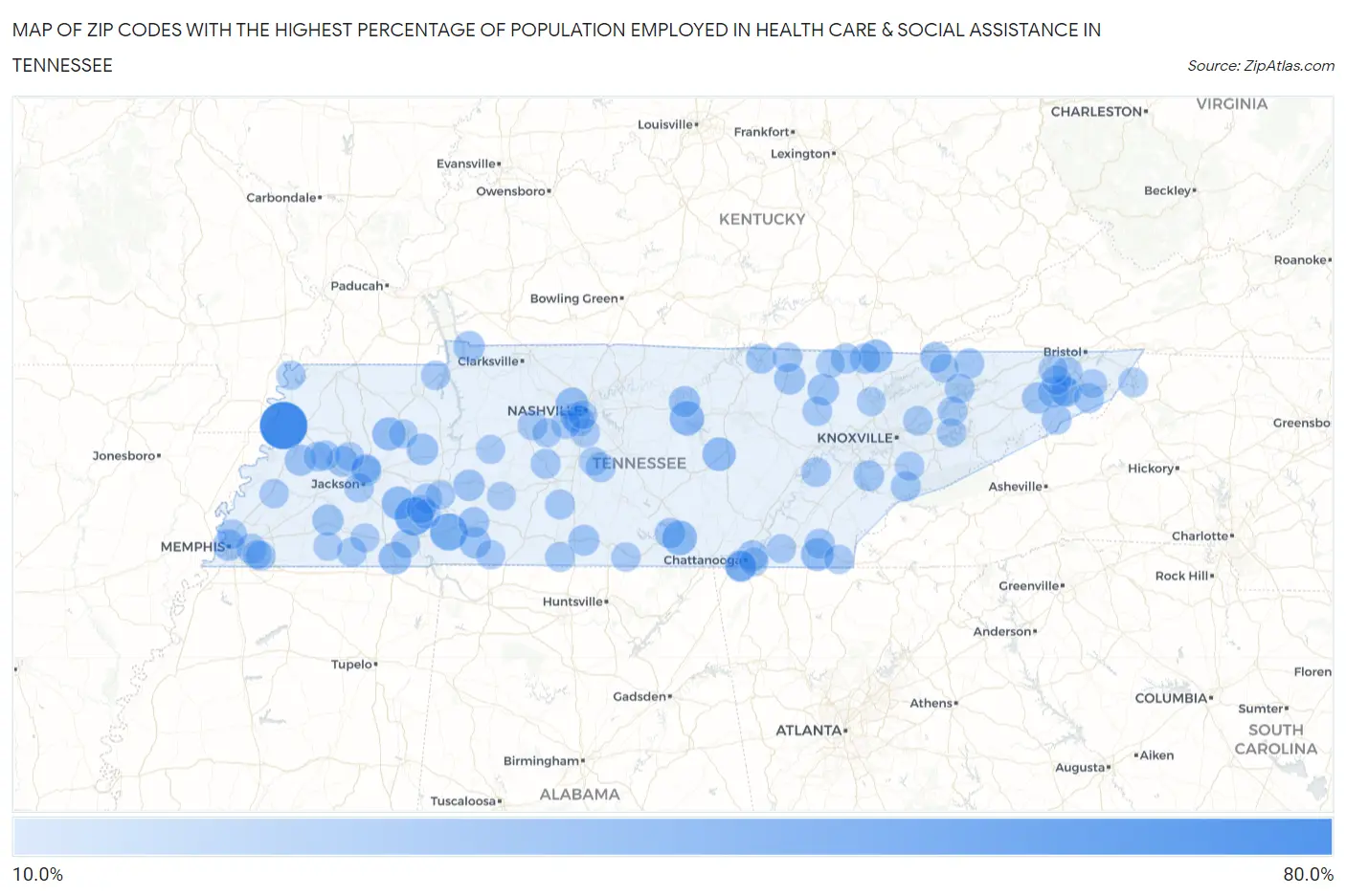 Zip Codes with the Highest Percentage of Population Employed in Health Care & Social Assistance in Tennessee Map
