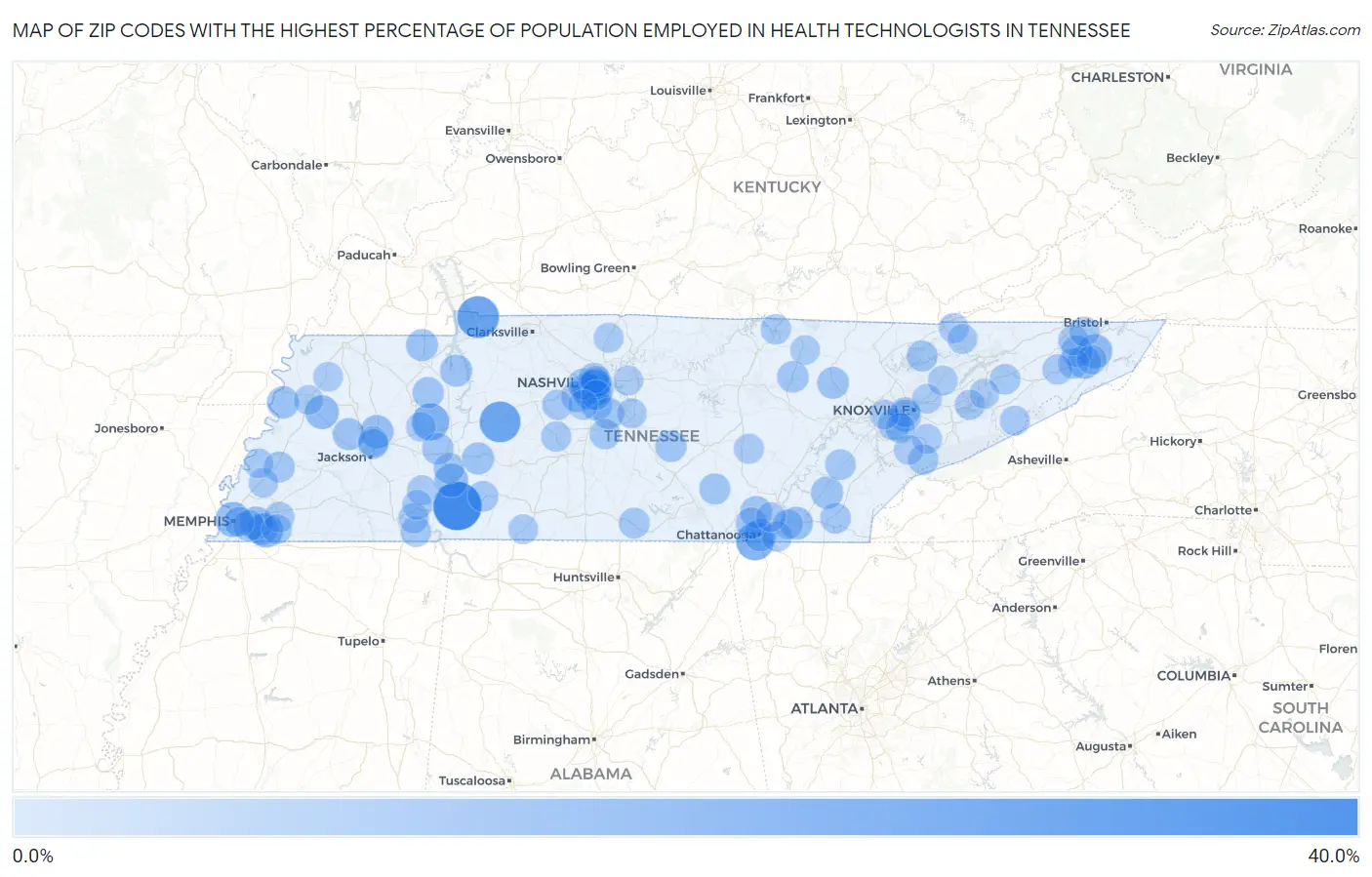 Zip Codes with the Highest Percentage of Population Employed in Health Technologists in Tennessee Map