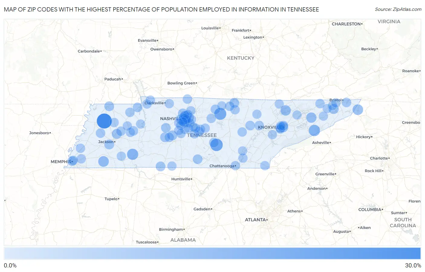 Zip Codes with the Highest Percentage of Population Employed in Information in Tennessee Map