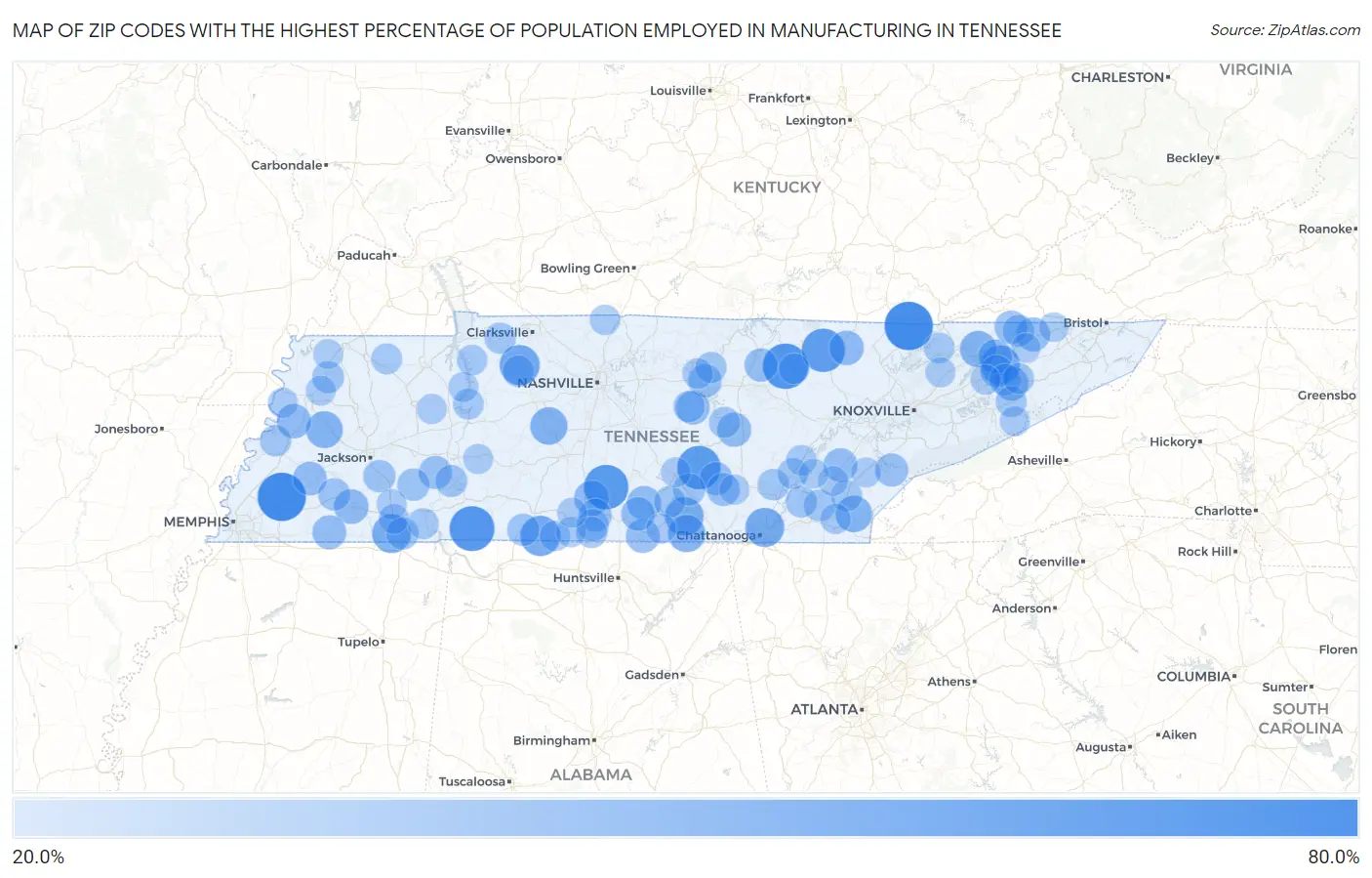 Zip Codes with the Highest Percentage of Population Employed in Manufacturing in Tennessee Map