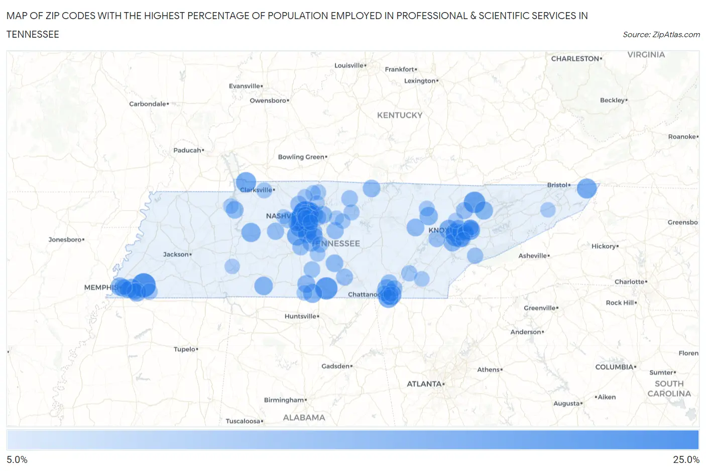 Zip Codes with the Highest Percentage of Population Employed in Professional & Scientific Services in Tennessee Map