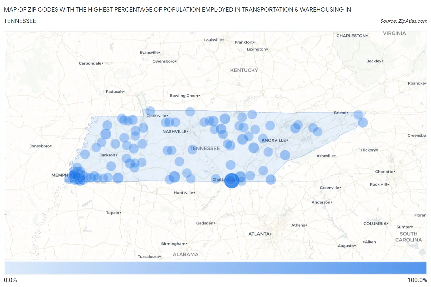 Zip Codes with the Highest Percentage of Population Employed in Transportation & Warehousing in Tennessee Map