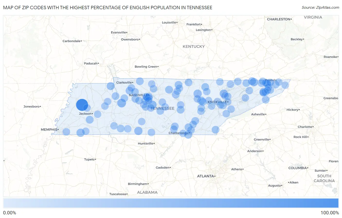 Zip Codes with the Highest Percentage of English Population in Tennessee Map