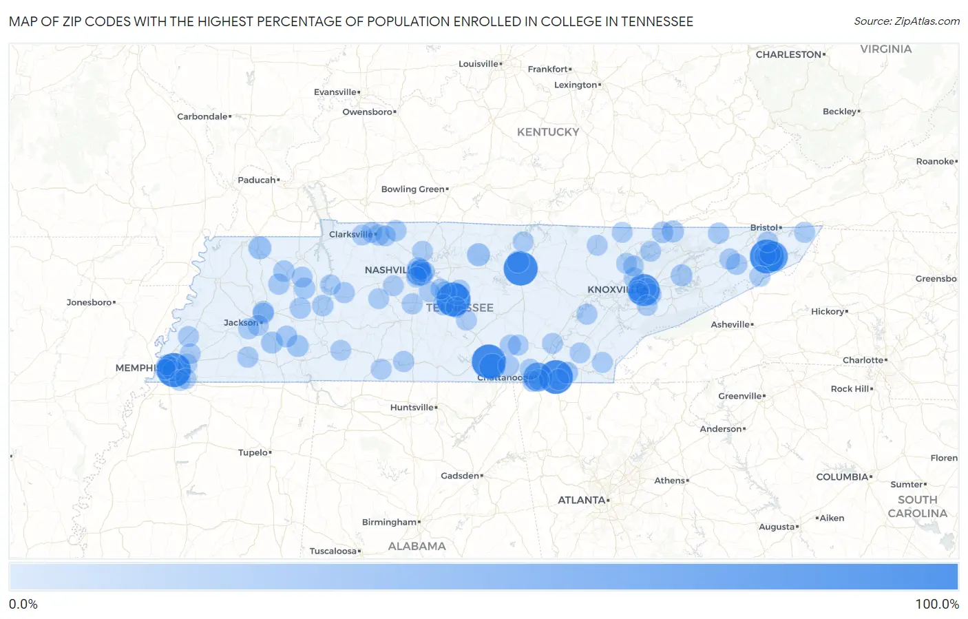 Zip Codes with the Highest Percentage of Population Enrolled in College in Tennessee Map