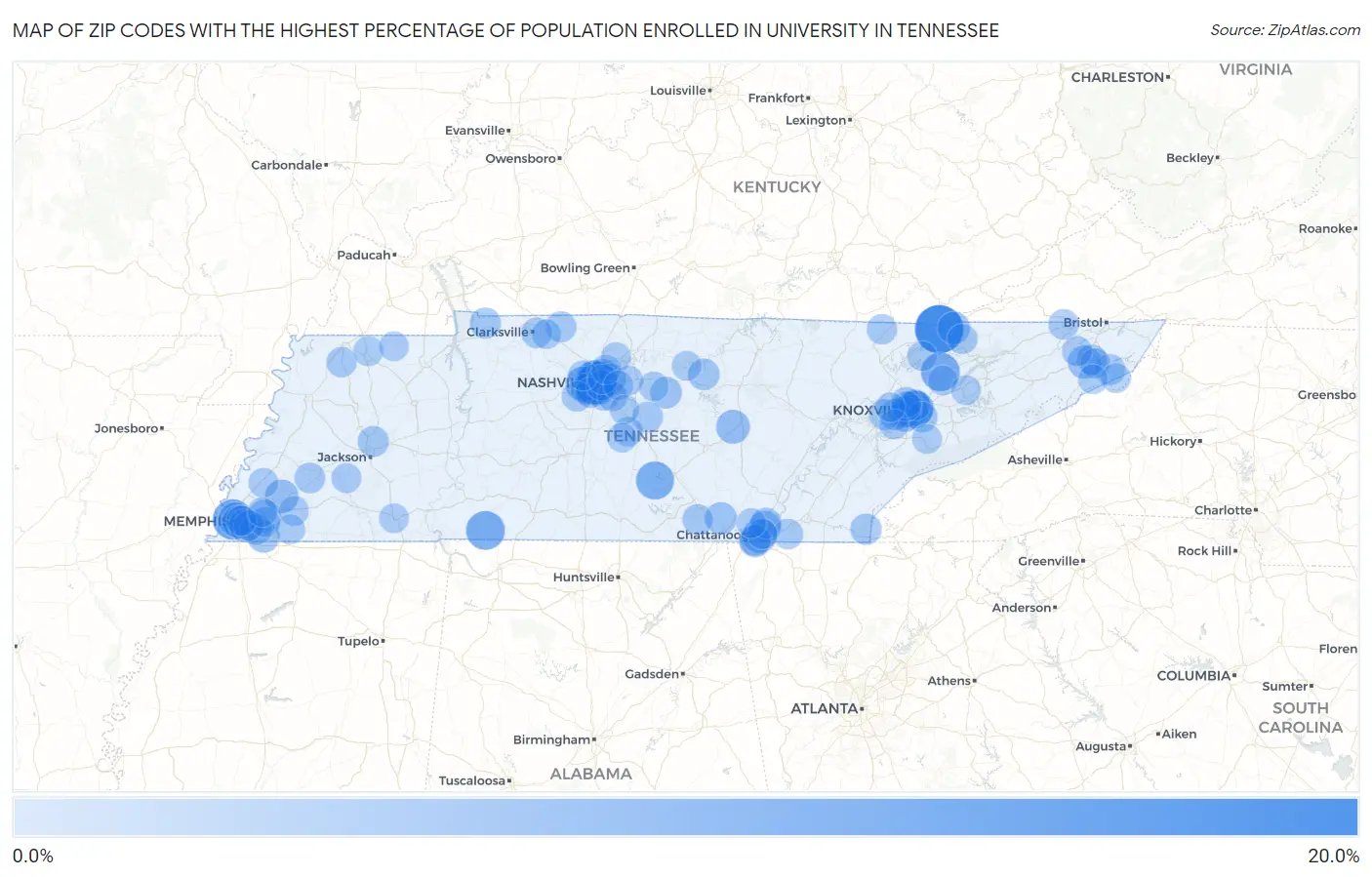 Zip Codes with the Highest Percentage of Population Enrolled in University in Tennessee Map