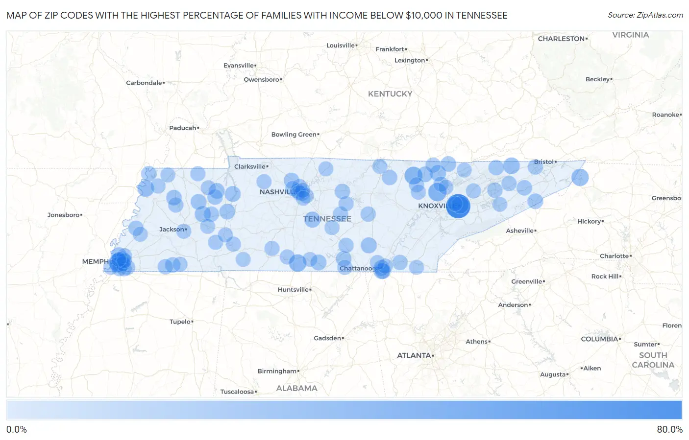 Zip Codes with the Highest Percentage of Families with Income Below $10,000 in Tennessee Map