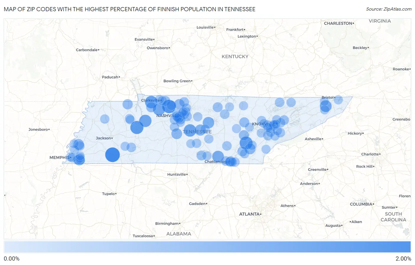 Zip Codes with the Highest Percentage of Finnish Population in Tennessee Map