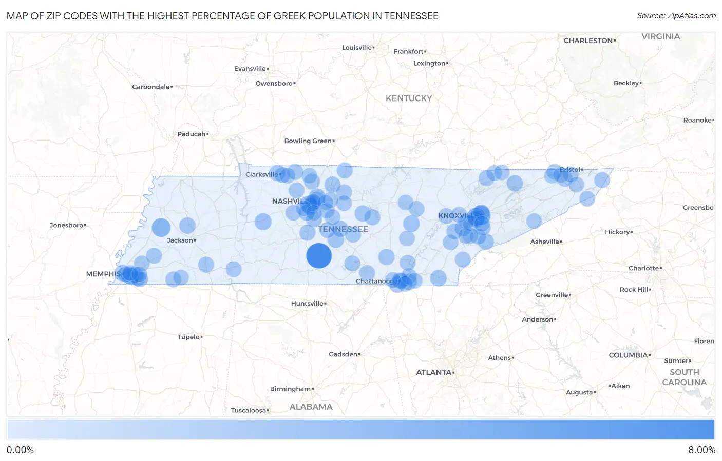 Zip Codes with the Highest Percentage of Greek Population in Tennessee Map