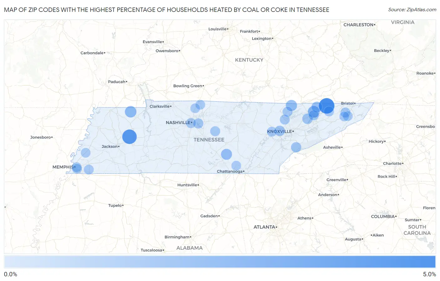 Zip Codes with the Highest Percentage of Households Heated by Coal or Coke in Tennessee Map
