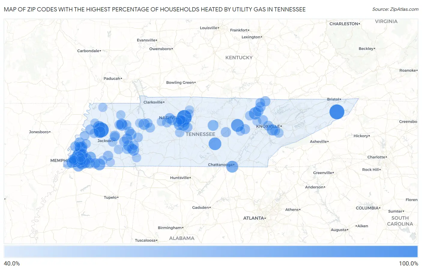 Zip Codes with the Highest Percentage of Households Heated by Utility Gas in Tennessee Map