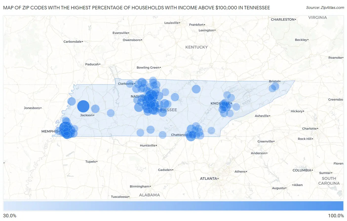 Zip Codes with the Highest Percentage of Households with Income Above $100,000 in Tennessee Map