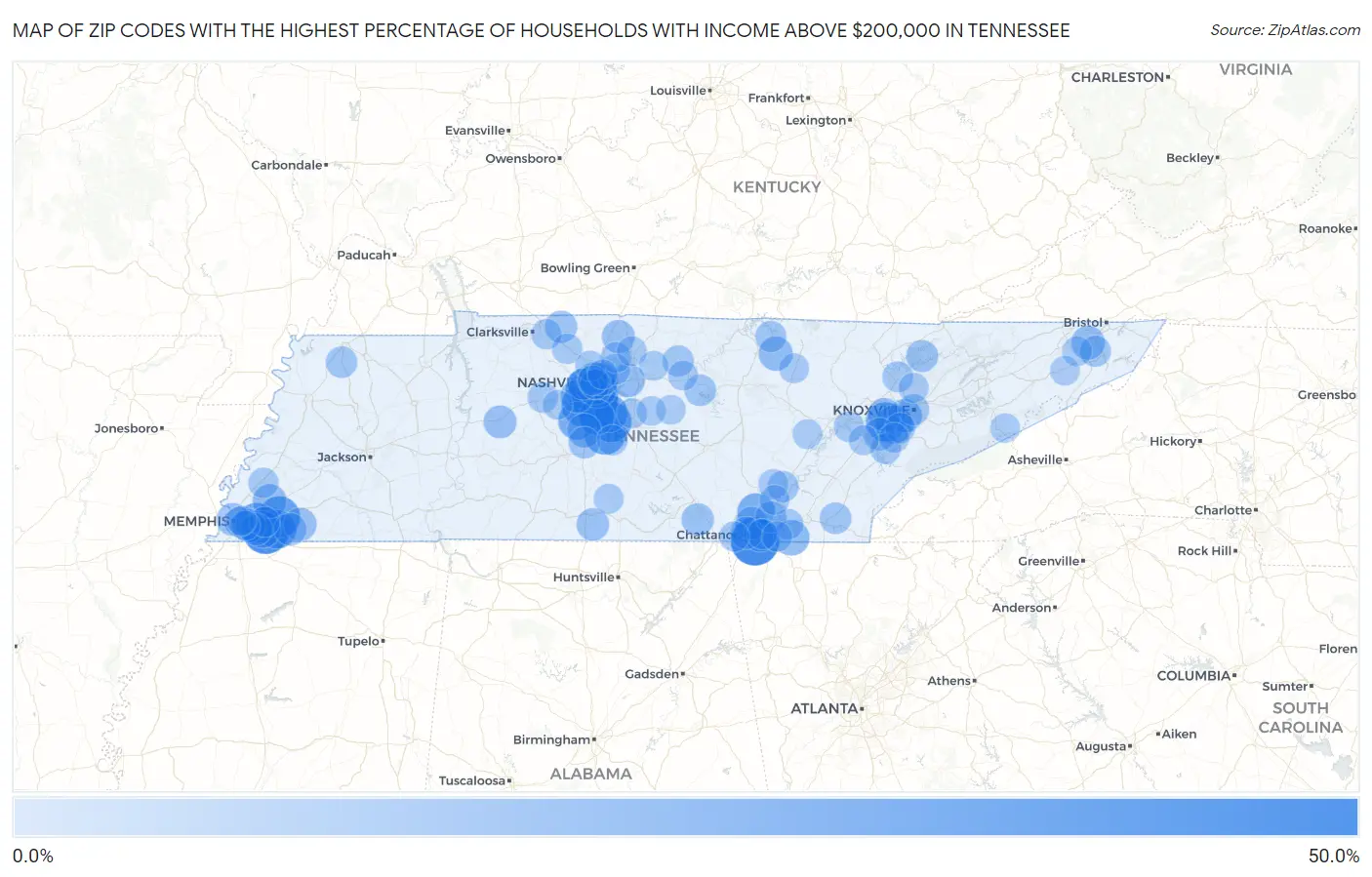 Zip Codes with the Highest Percentage of Households with Income Above $200,000 in Tennessee Map