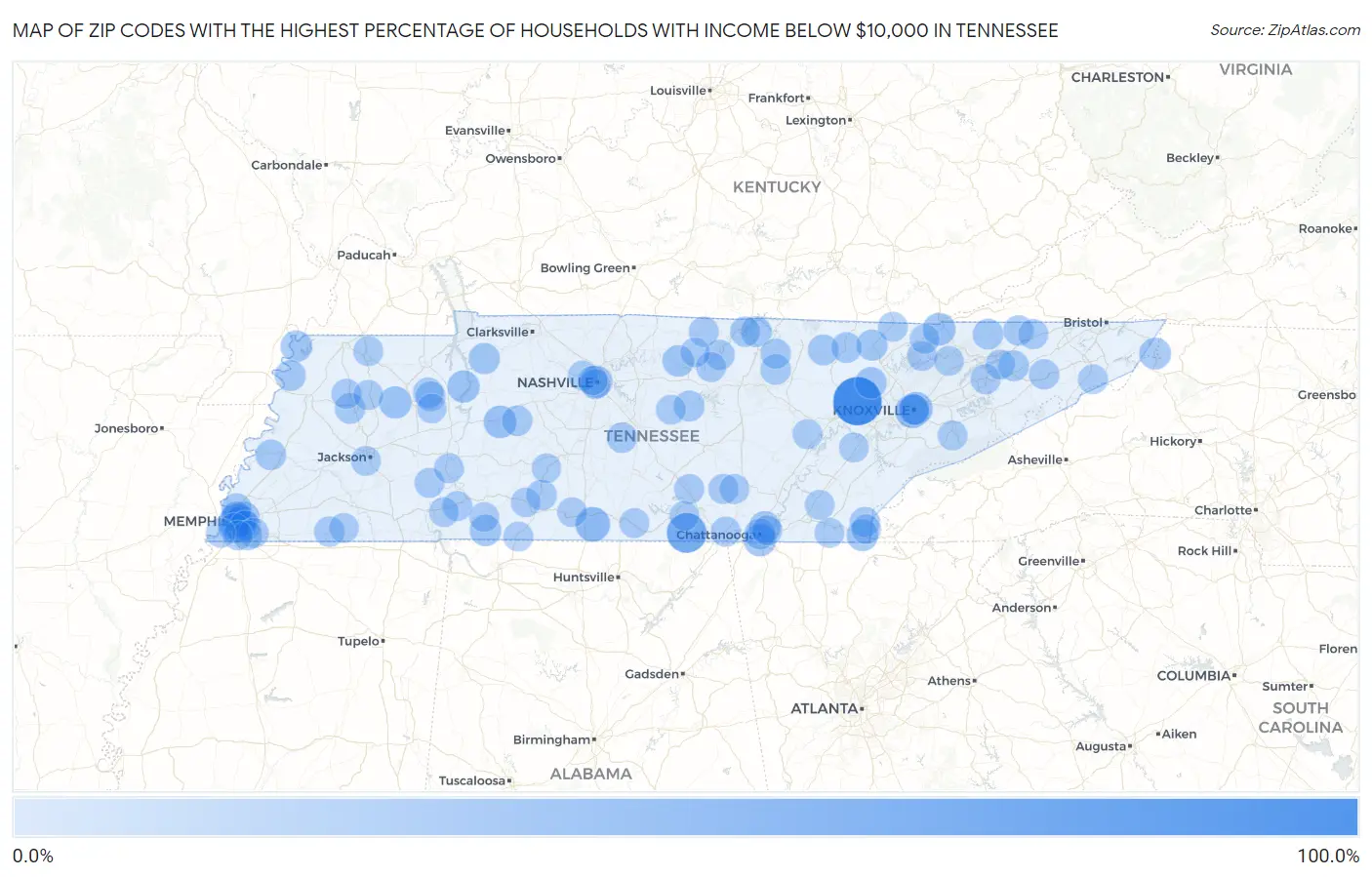 Zip Codes with the Highest Percentage of Households with Income Below $10,000 in Tennessee Map