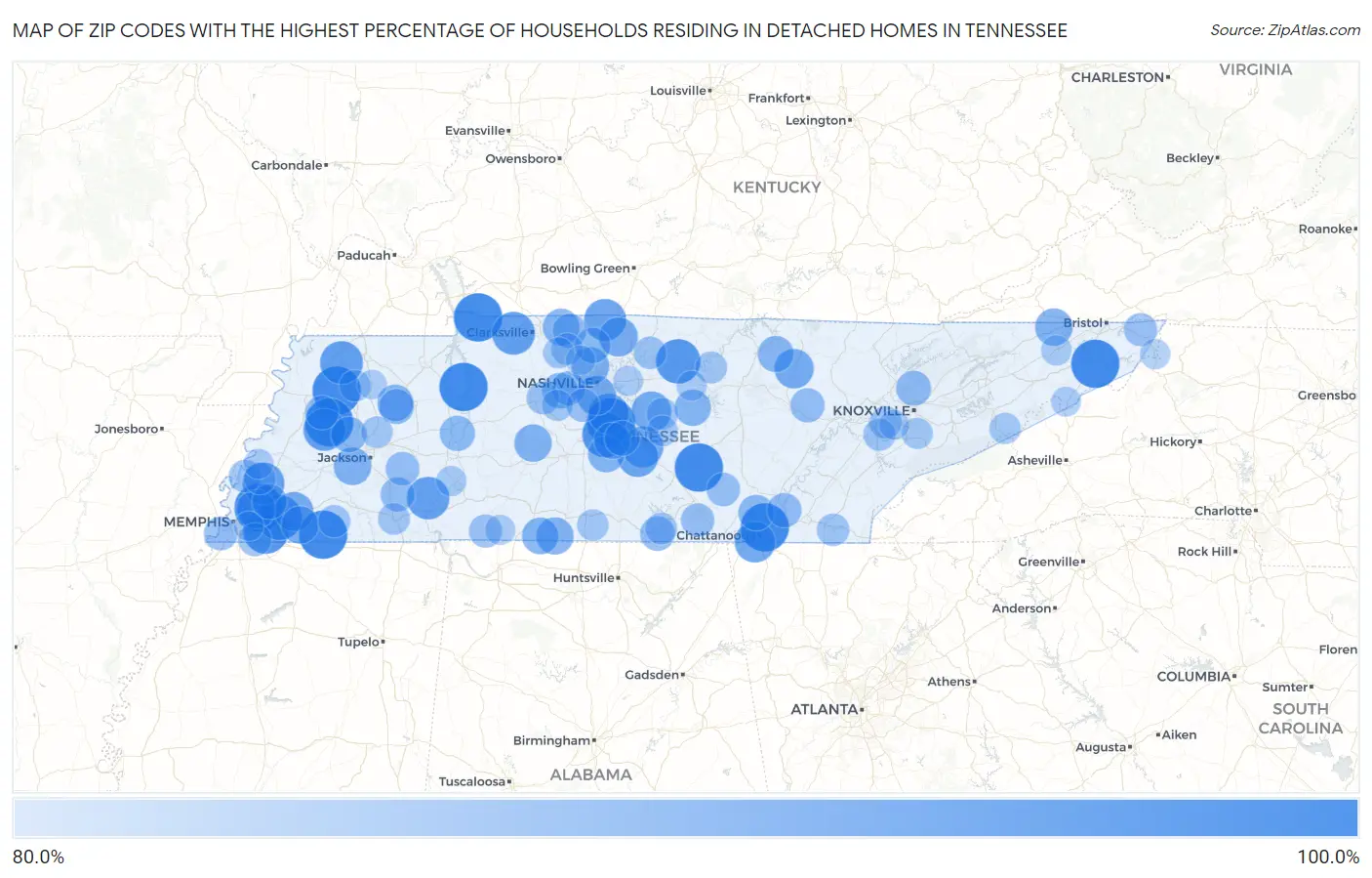 Zip Codes with the Highest Percentage of Households Residing in Detached Homes in Tennessee Map