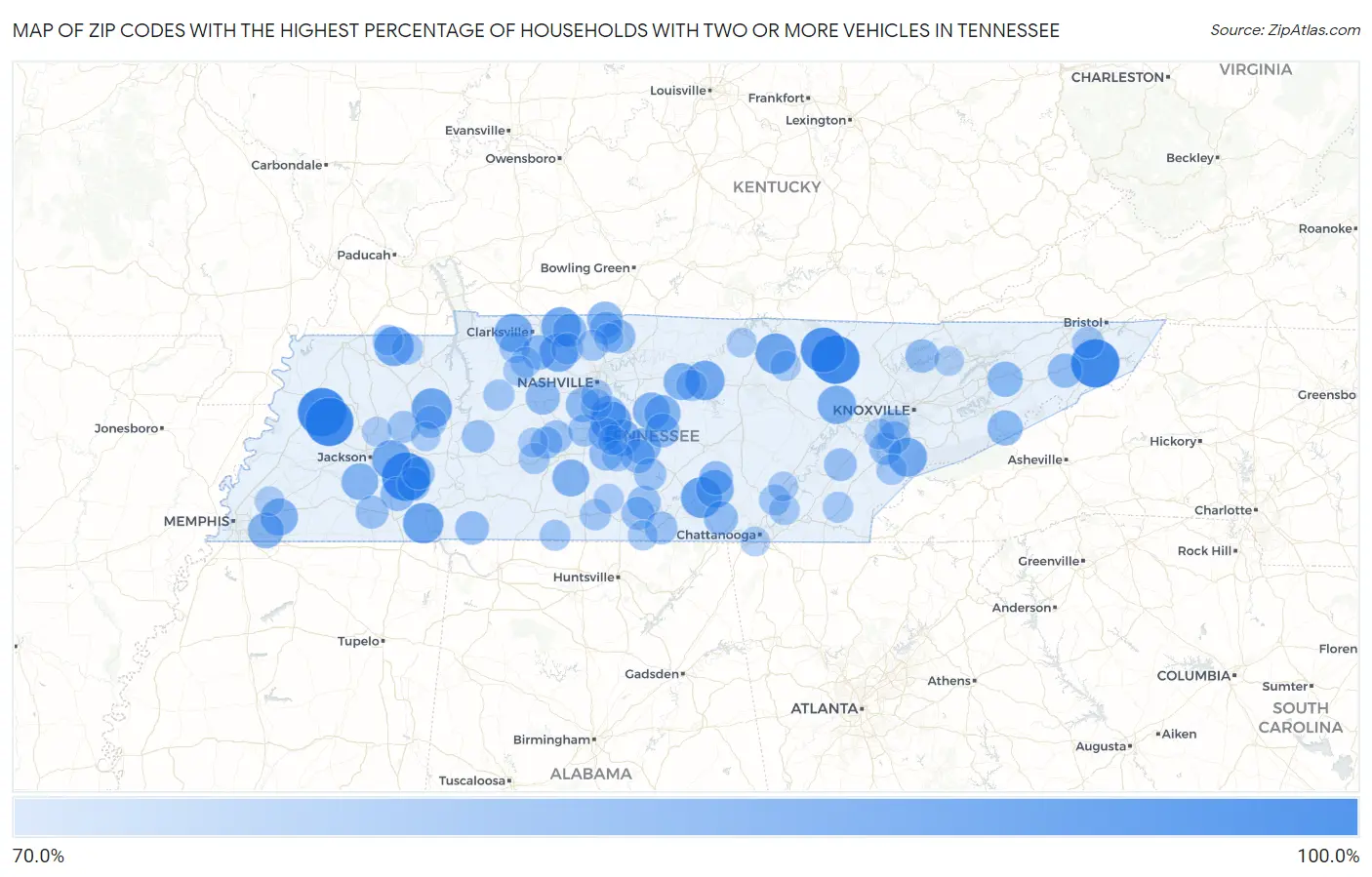 Zip Codes with the Highest Percentage of Households With Two or more Vehicles in Tennessee Map