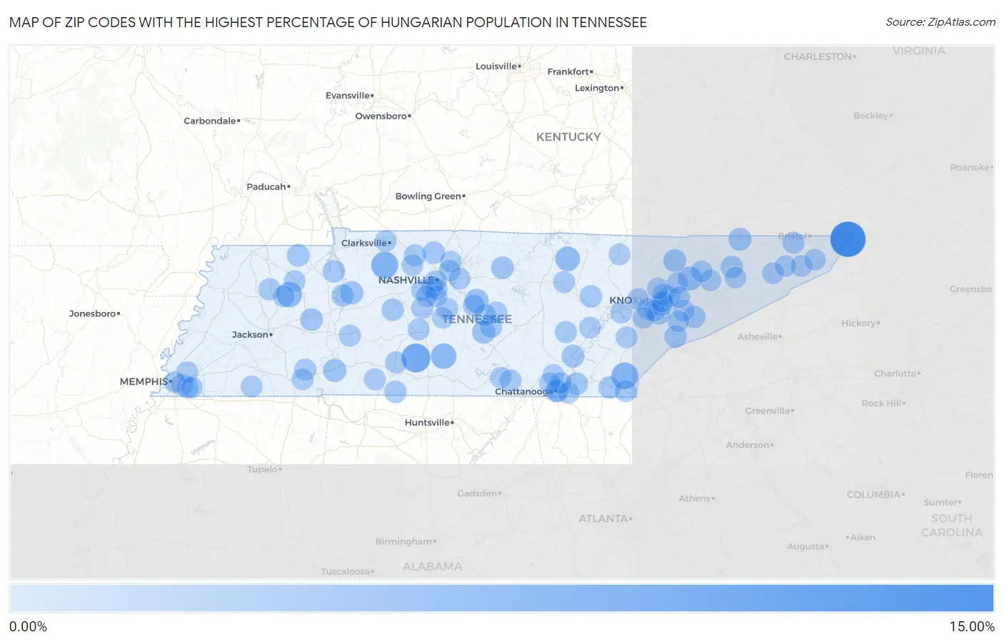 Zip Codes with the Highest Percentage of Hungarian Population in Tennessee Map
