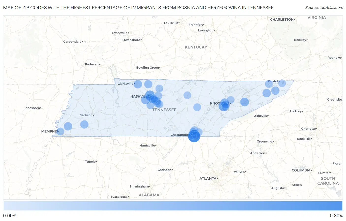 Zip Codes with the Highest Percentage of Immigrants from Bosnia and Herzegovina in Tennessee Map