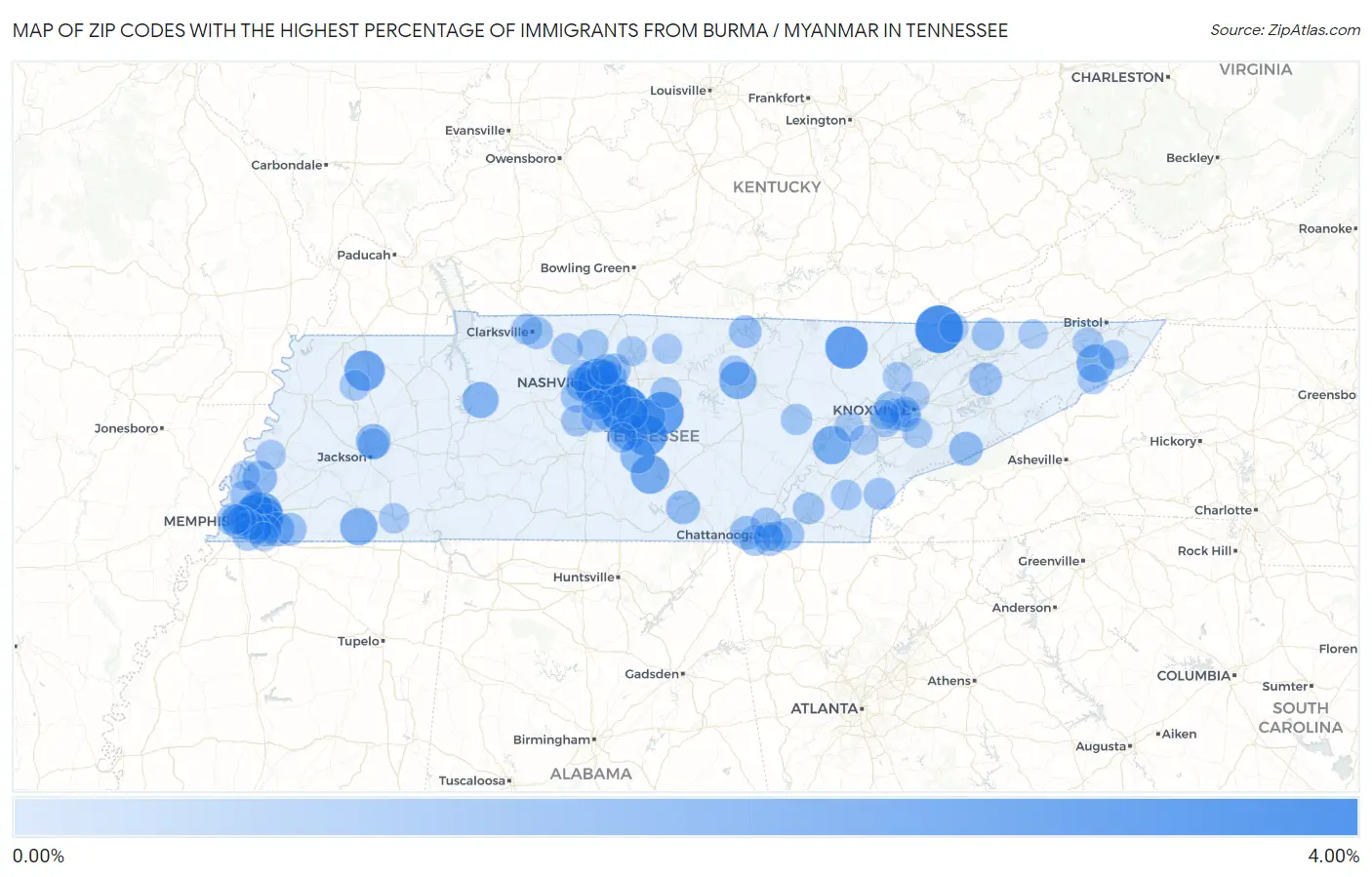 Zip Codes with the Highest Percentage of Immigrants from Burma / Myanmar in Tennessee Map
