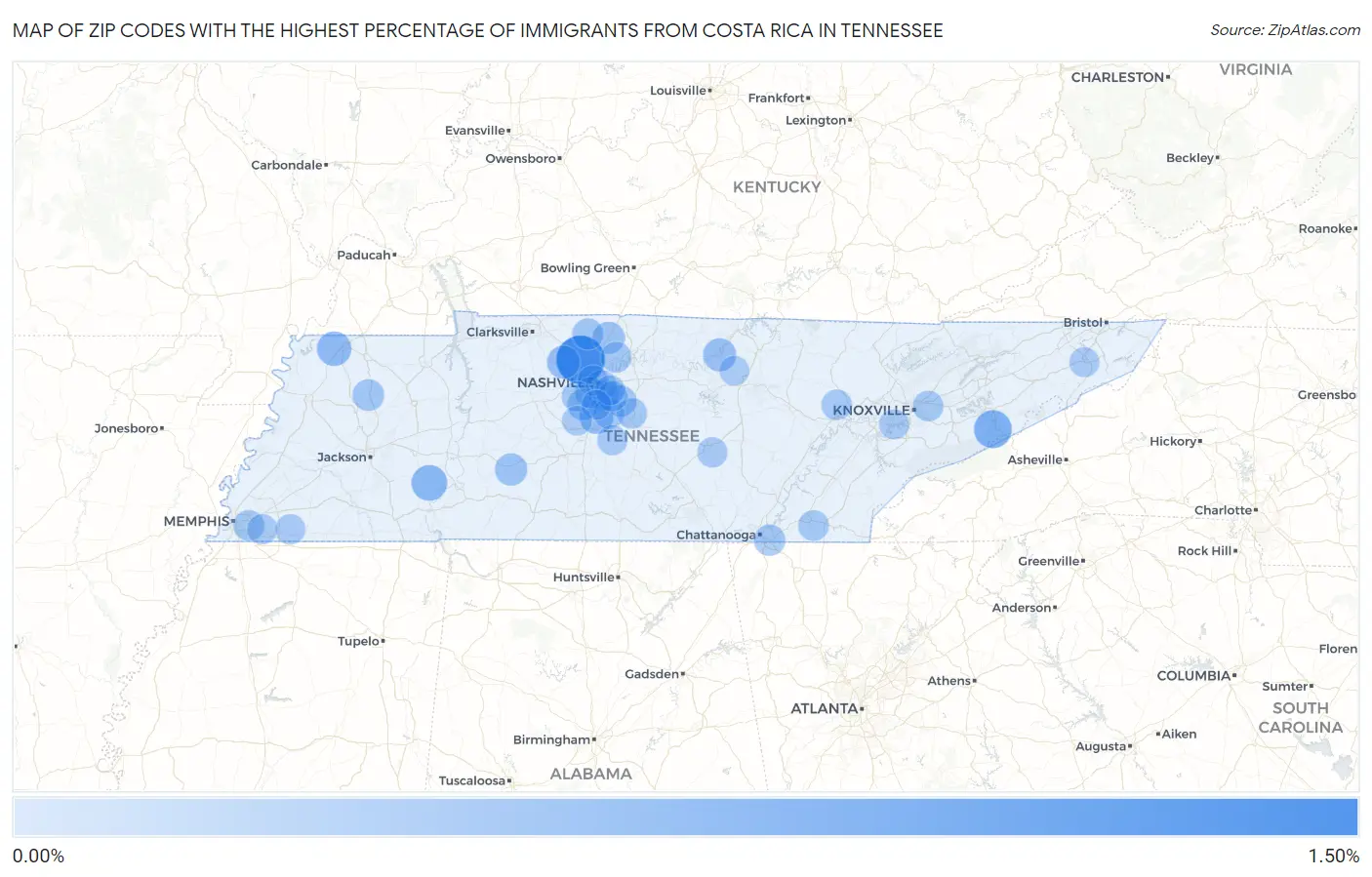 Zip Codes with the Highest Percentage of Immigrants from Costa Rica in Tennessee Map