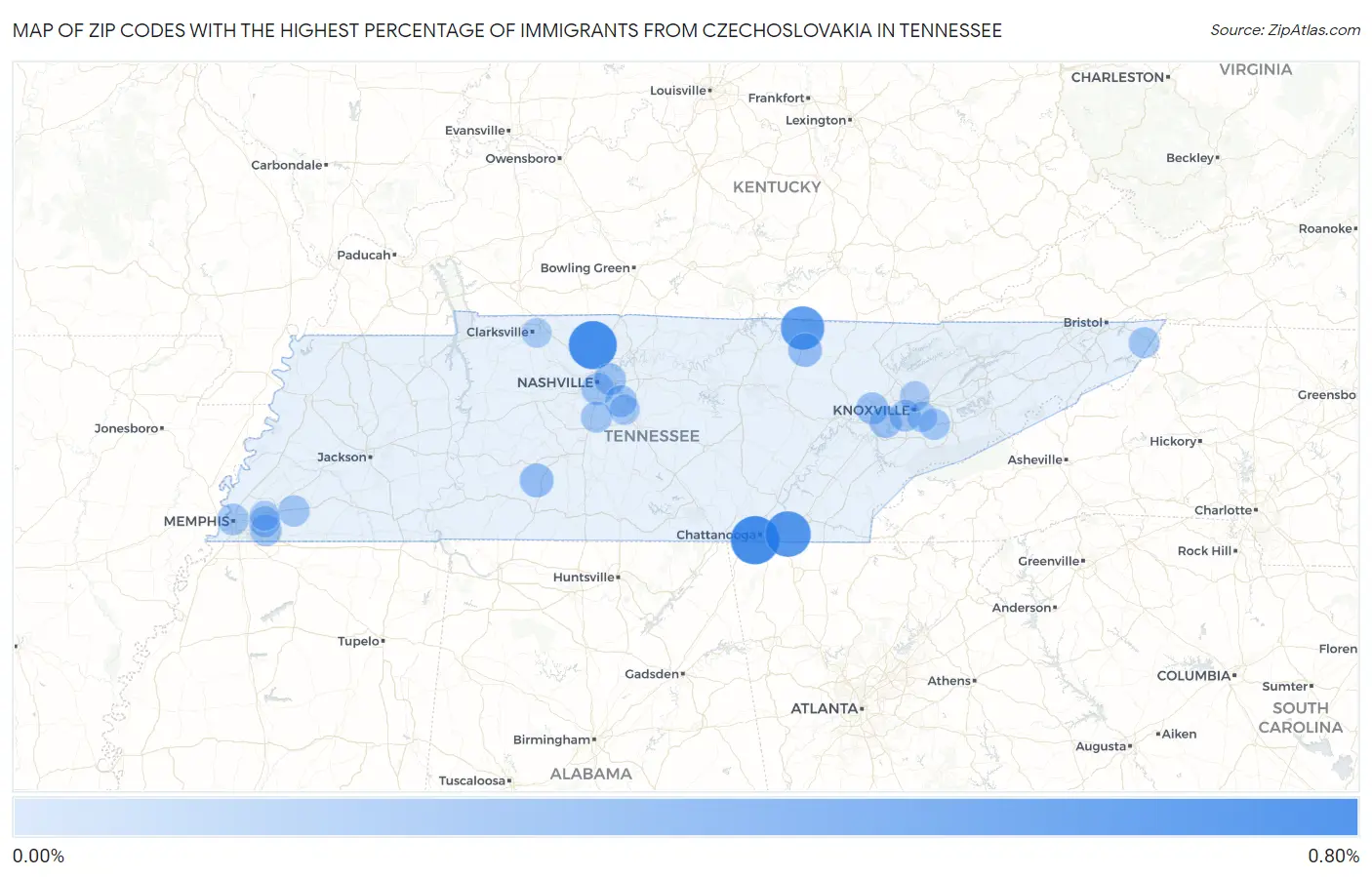 Zip Codes with the Highest Percentage of Immigrants from Czechoslovakia in Tennessee Map