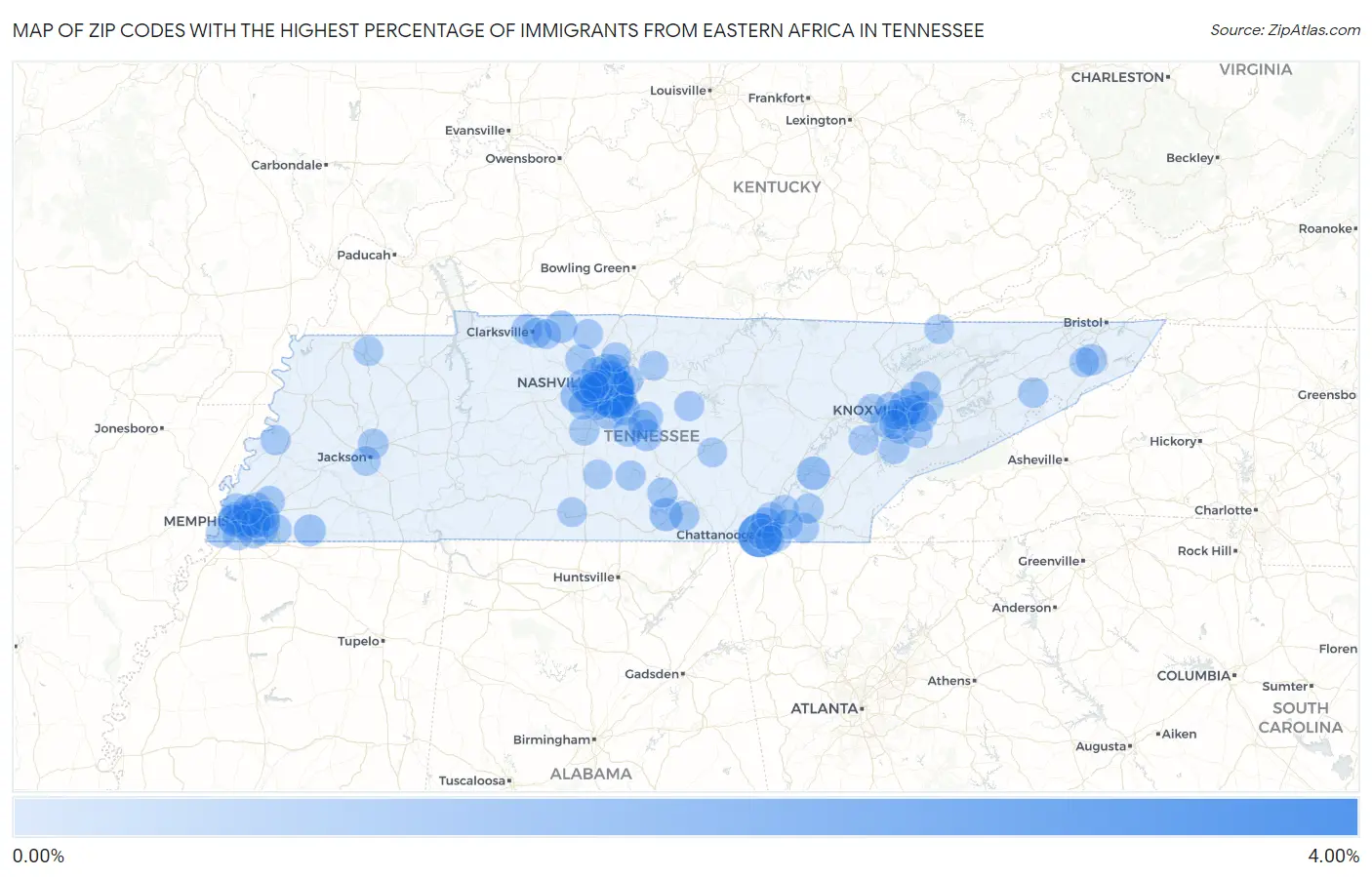 Zip Codes with the Highest Percentage of Immigrants from Eastern Africa in Tennessee Map