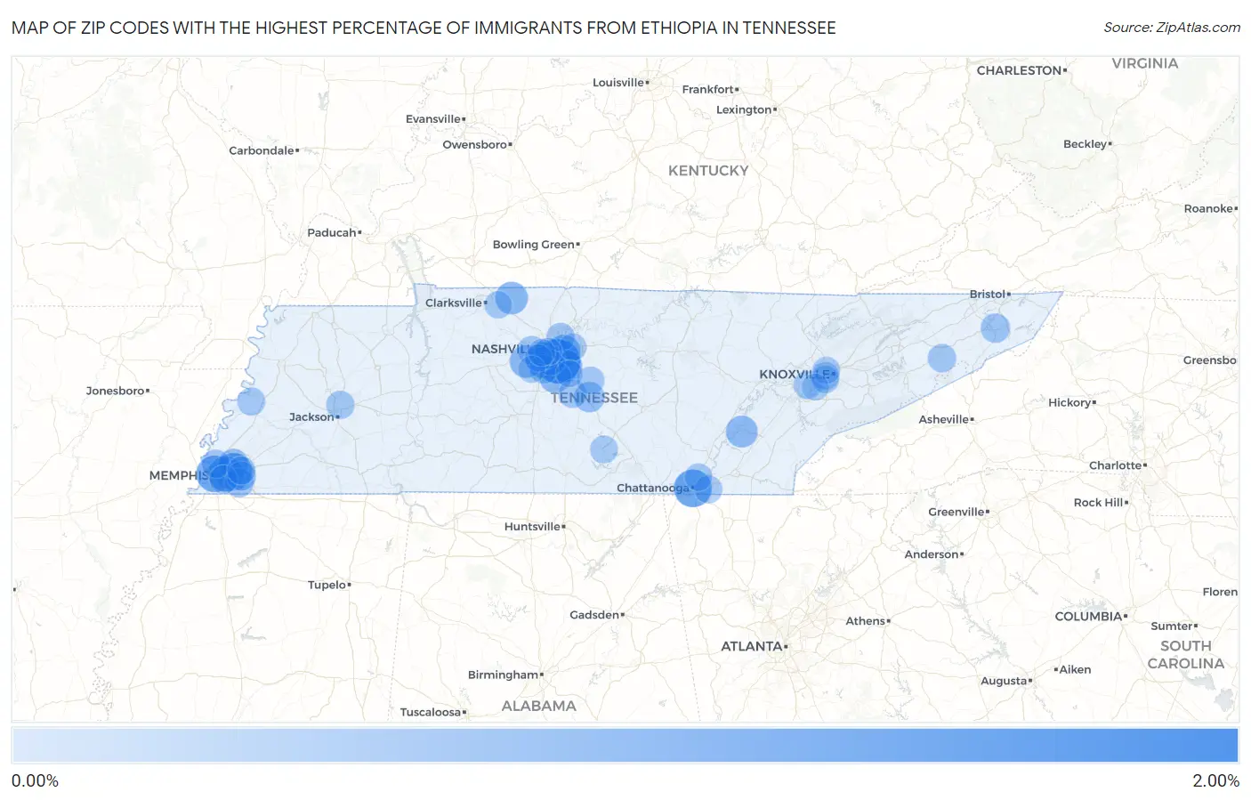 Zip Codes with the Highest Percentage of Immigrants from Ethiopia in Tennessee Map