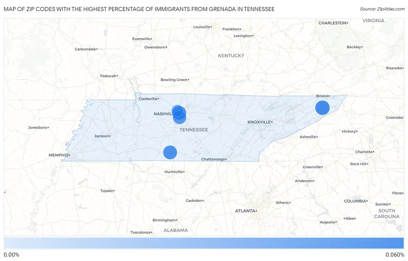 Zip Codes with the Highest Percentage of Immigrants from Grenada in Tennessee Map