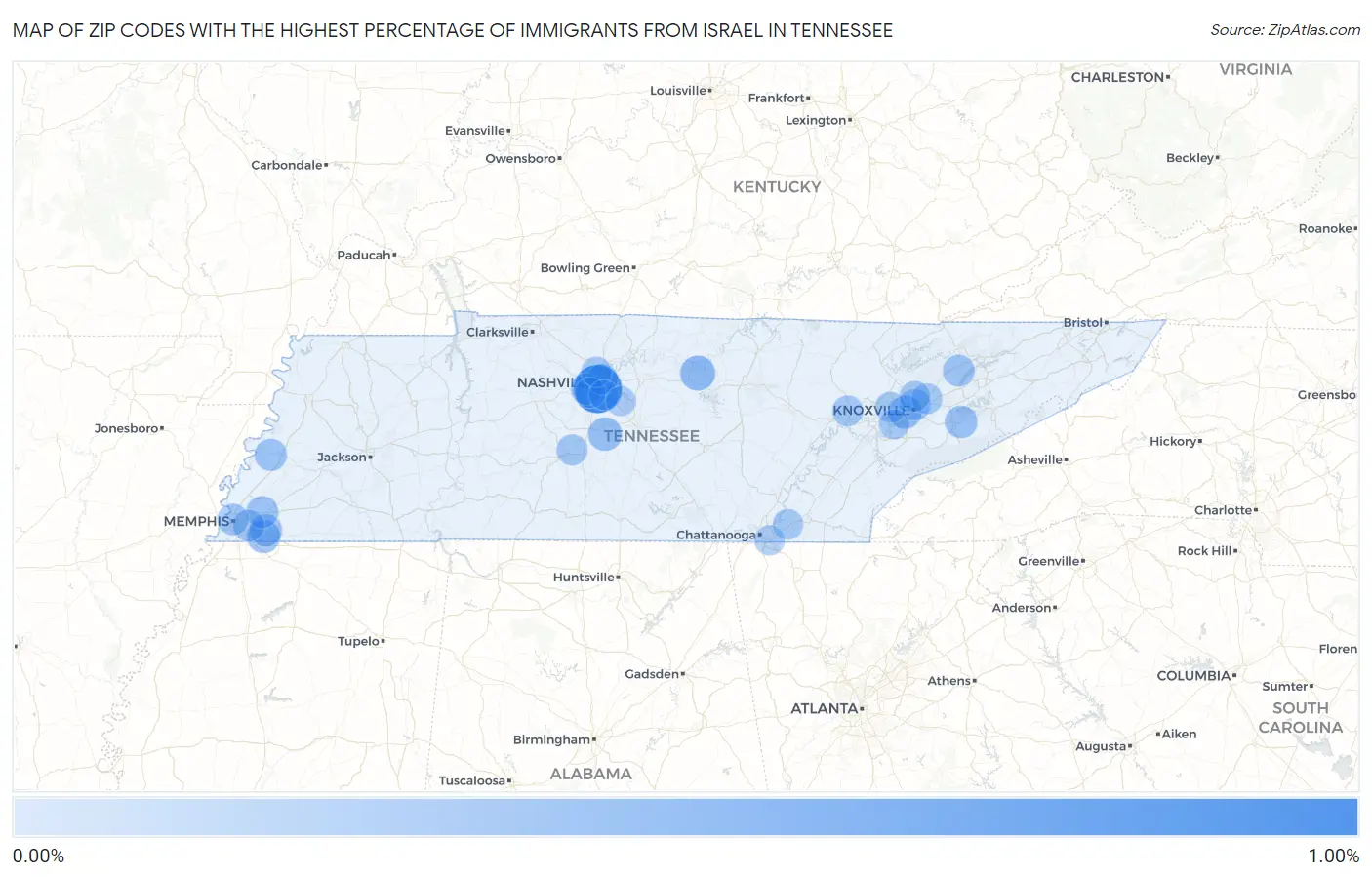 Zip Codes with the Highest Percentage of Immigrants from Israel in Tennessee Map