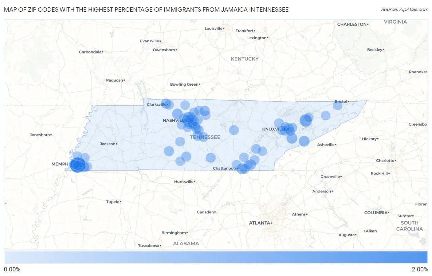 Zip Codes with the Highest Percentage of Immigrants from Jamaica in Tennessee Map