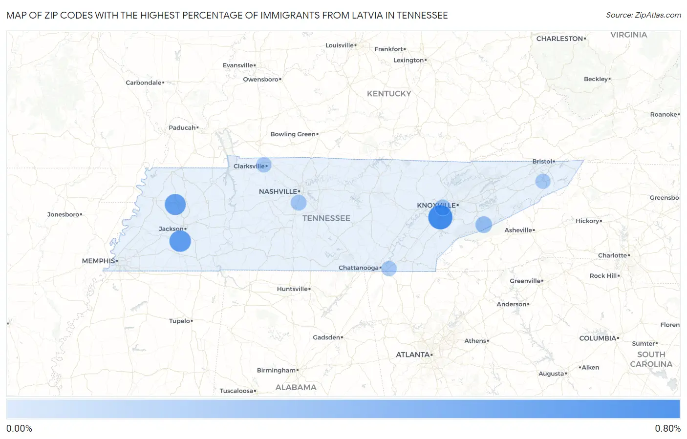 Zip Codes with the Highest Percentage of Immigrants from Latvia in Tennessee Map