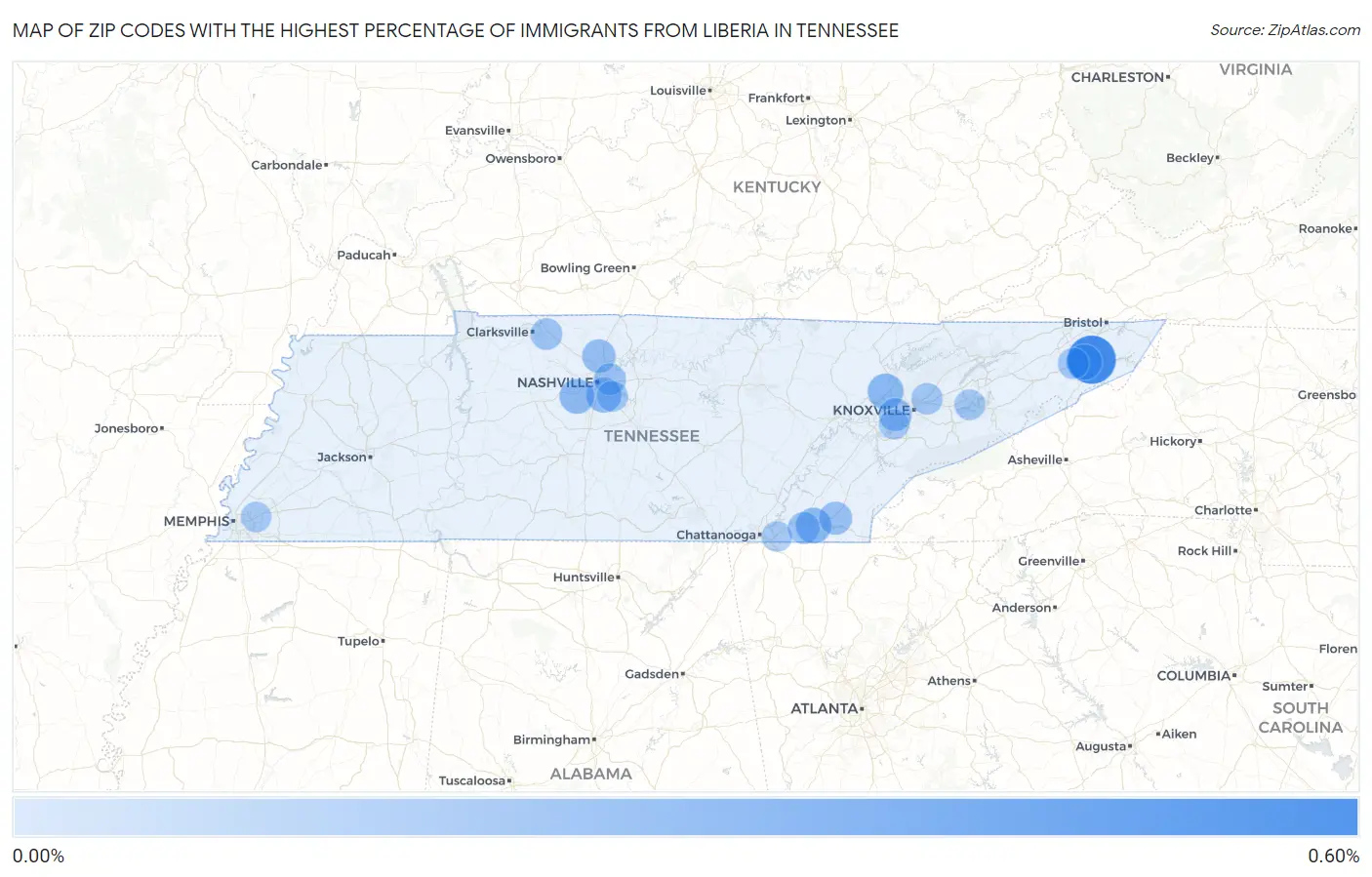 Zip Codes with the Highest Percentage of Immigrants from Liberia in Tennessee Map