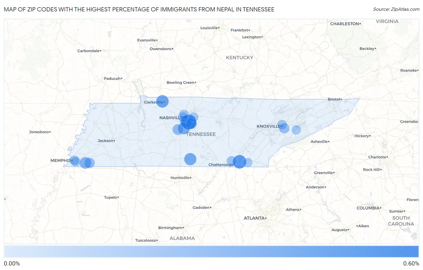 Zip Codes with the Highest Percentage of Immigrants from Nepal in Tennessee Map