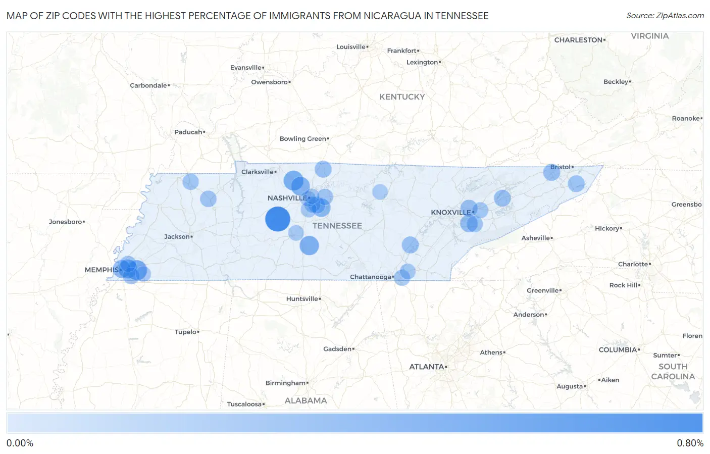 Zip Codes with the Highest Percentage of Immigrants from Nicaragua in Tennessee Map