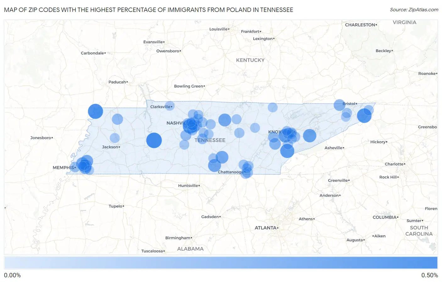 Zip Codes with the Highest Percentage of Immigrants from Poland in Tennessee Map