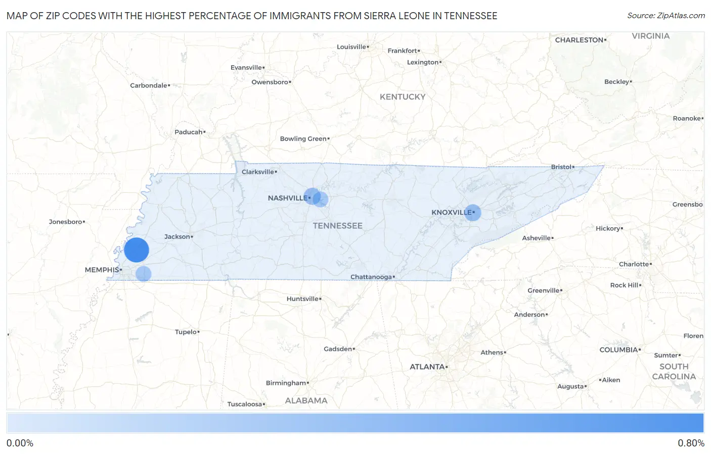 Zip Codes with the Highest Percentage of Immigrants from Sierra Leone in Tennessee Map