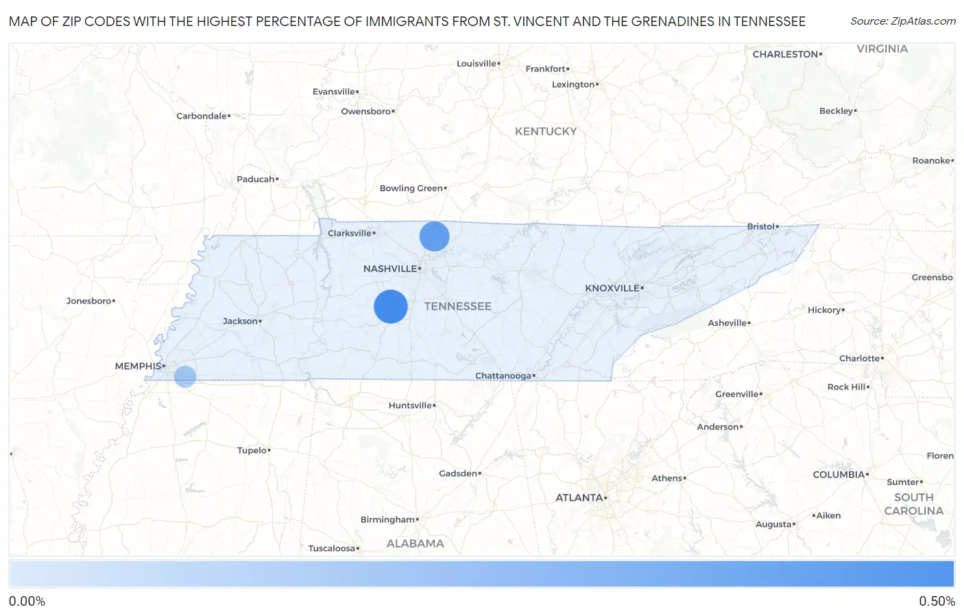 Zip Codes with the Highest Percentage of Immigrants from St. Vincent and the Grenadines in Tennessee Map