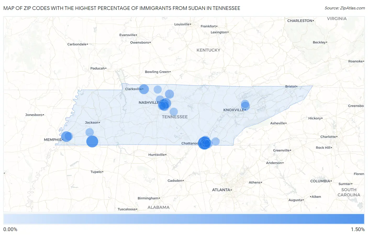Zip Codes with the Highest Percentage of Immigrants from Sudan in Tennessee Map