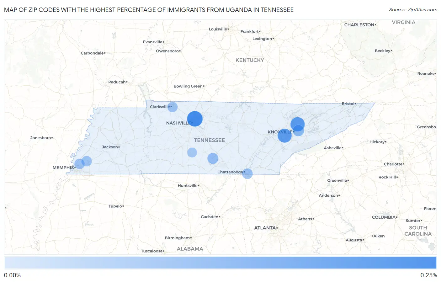 Zip Codes with the Highest Percentage of Immigrants from Uganda in Tennessee Map