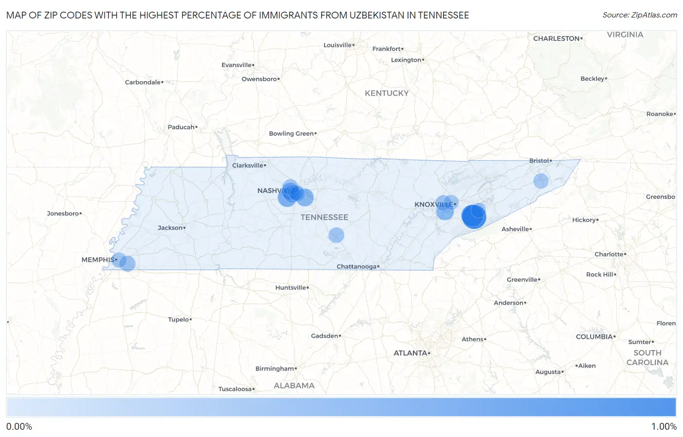 Zip Codes with the Highest Percentage of Immigrants from Uzbekistan in Tennessee Map