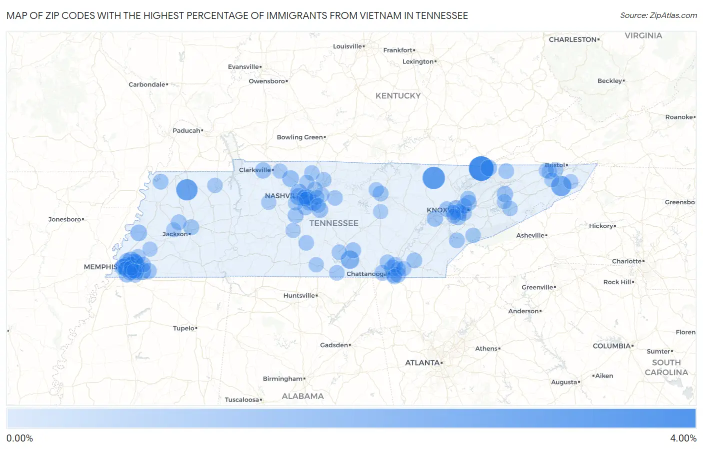 Zip Codes with the Highest Percentage of Immigrants from Vietnam in Tennessee Map