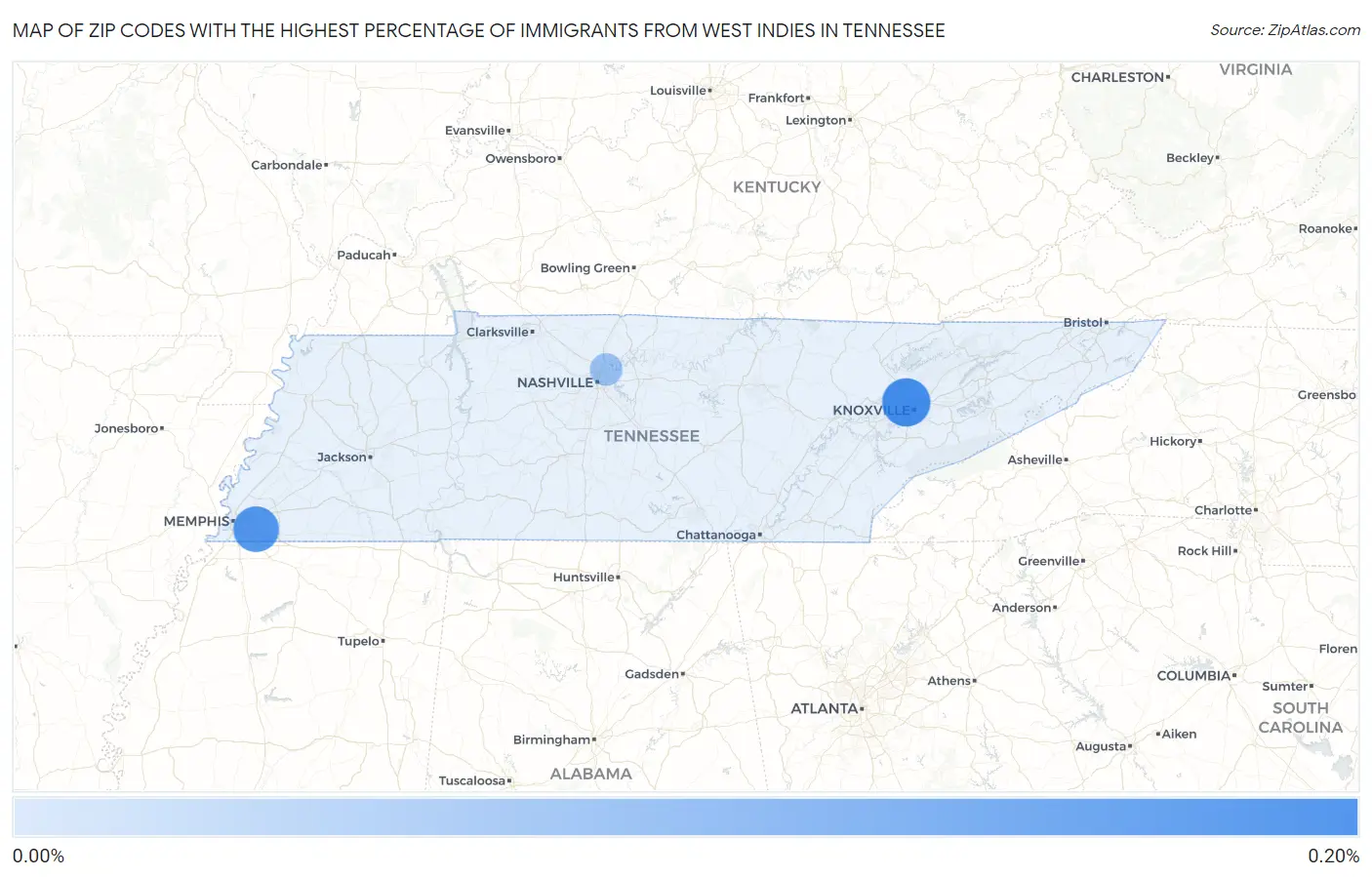 Zip Codes with the Highest Percentage of Immigrants from West Indies in Tennessee Map