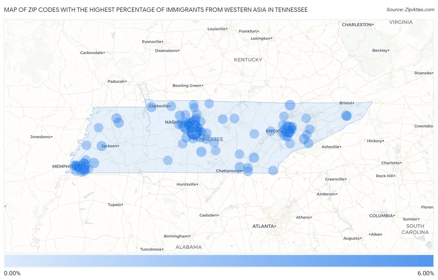 Zip Codes with the Highest Percentage of Immigrants from Western Asia in Tennessee Map