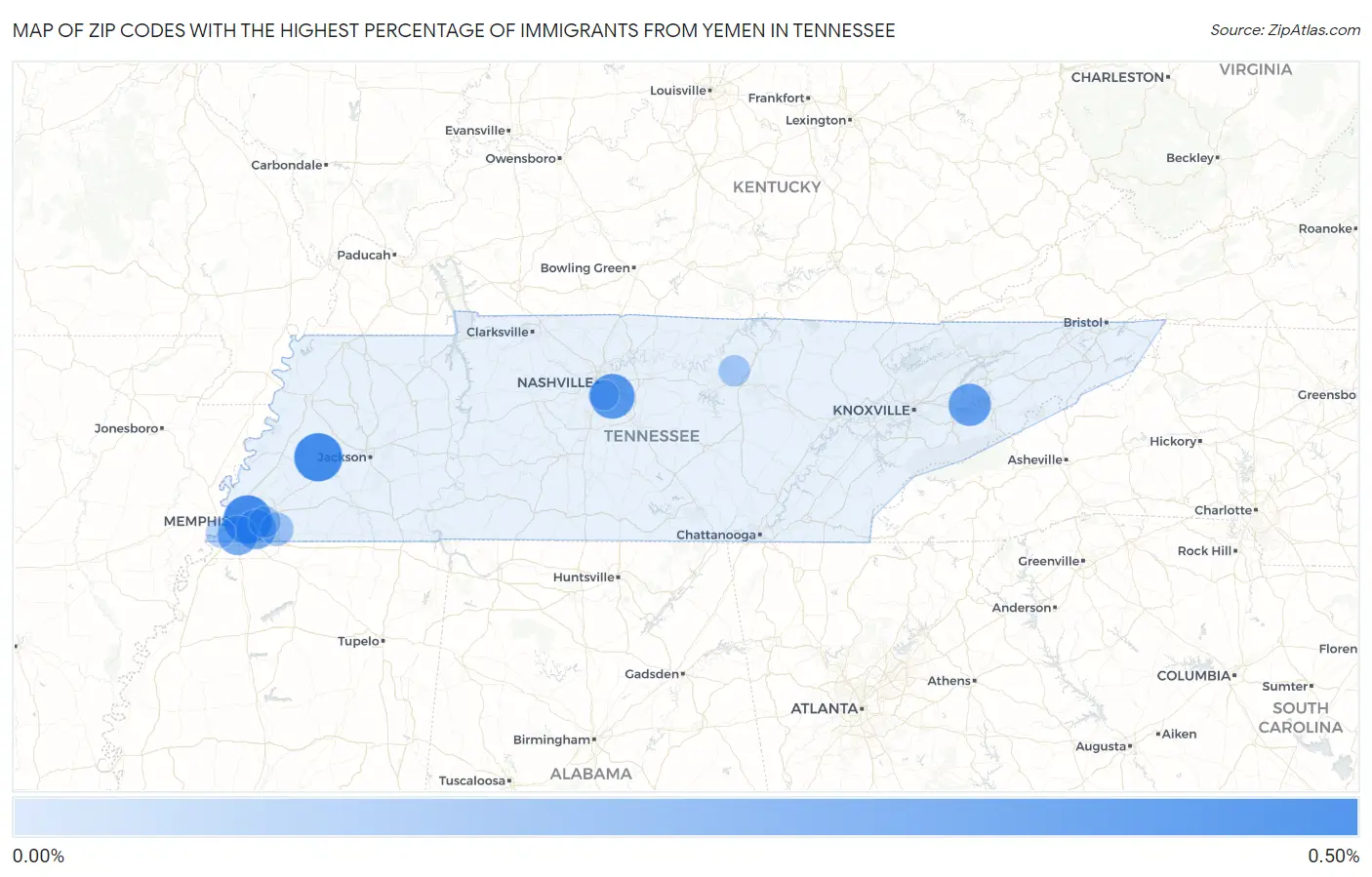 Zip Codes with the Highest Percentage of Immigrants from Yemen in Tennessee Map
