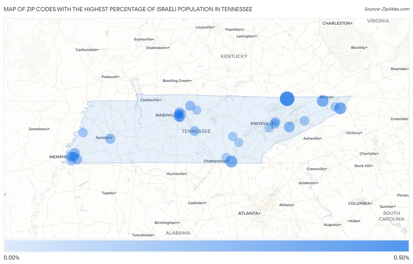 Zip Codes with the Highest Percentage of Israeli Population in Tennessee Map